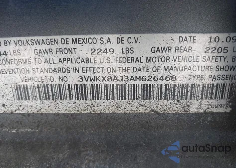 2010 Volkswagen Jetta S z USA, uszkodzony, nr VIN 3VWKX8AJ3AM626468